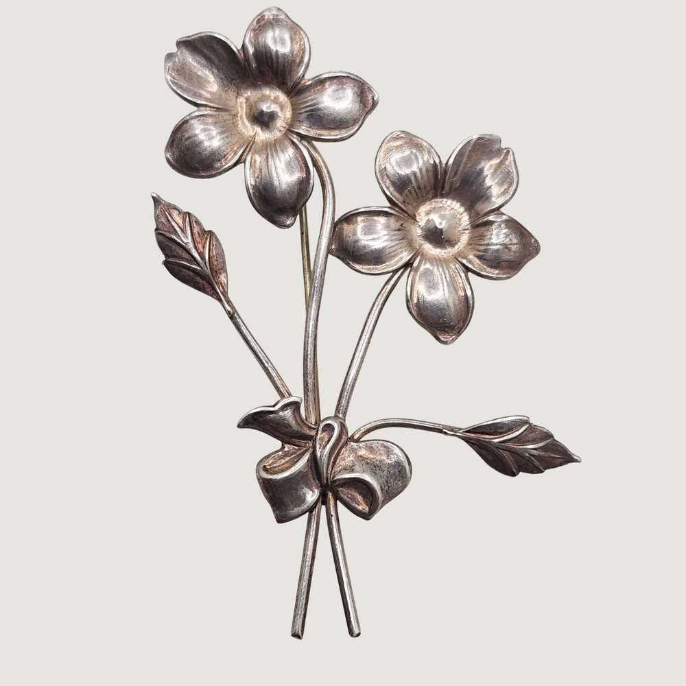 Vintage Sterling Silver Floral Bouquet Brooch 3D Sculpted Flowers Leaf Pin